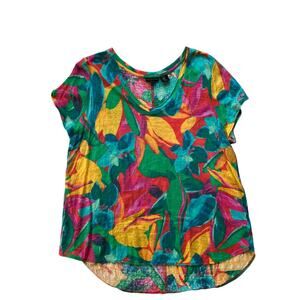 Tahari 100% Linen Floral Print Slub T-Shirt Size 1X Bright Tropical